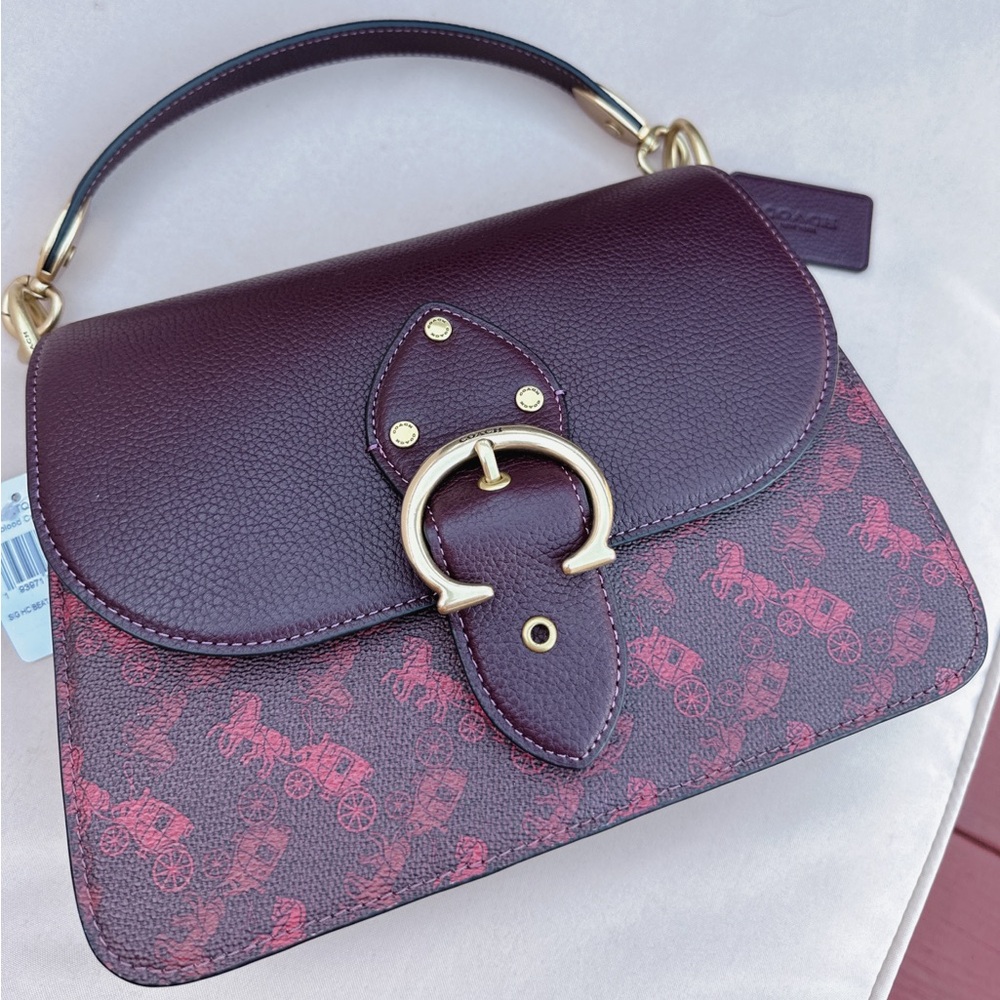 NWT Coach Beat Shoulder Bag With Horse & Carriage Print Brass/Oxblood Cranberry - Picture 5 of 12